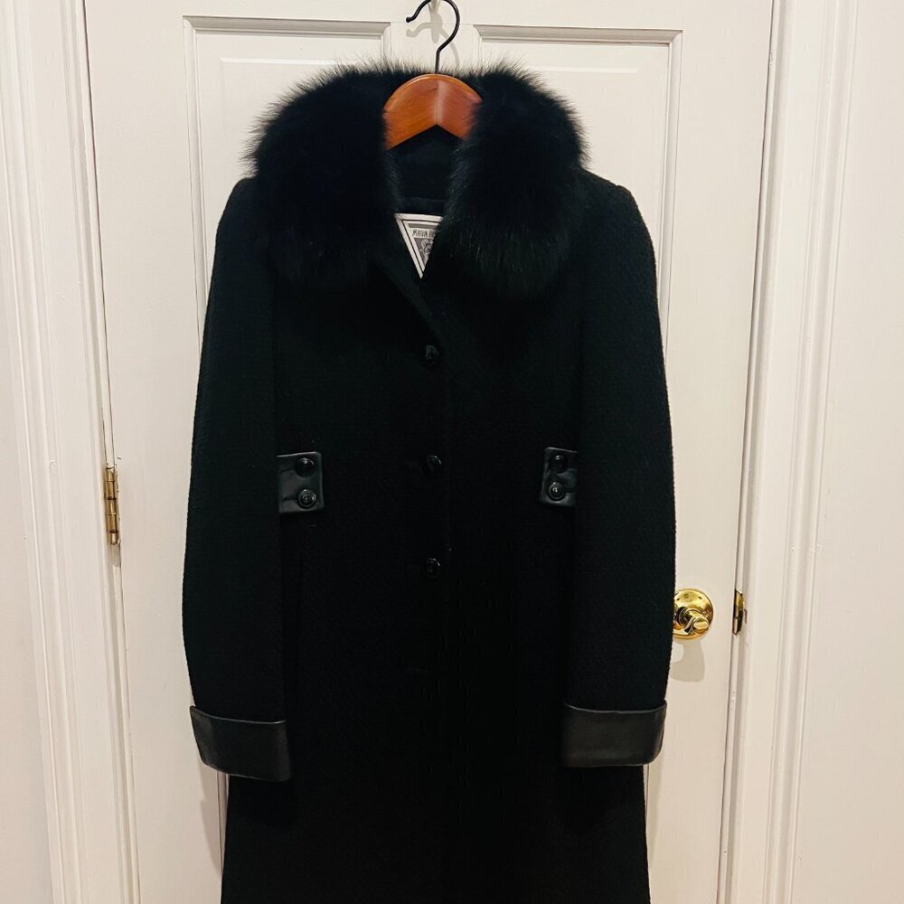Vintage Marvin Richards Coat 4 Black Boucle Wool Fox Fur Collar USA - Picture 9 of 16